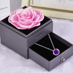 Preserved Rose In a Acrylic Box with Real Silver Plated June Birthstone Necklace